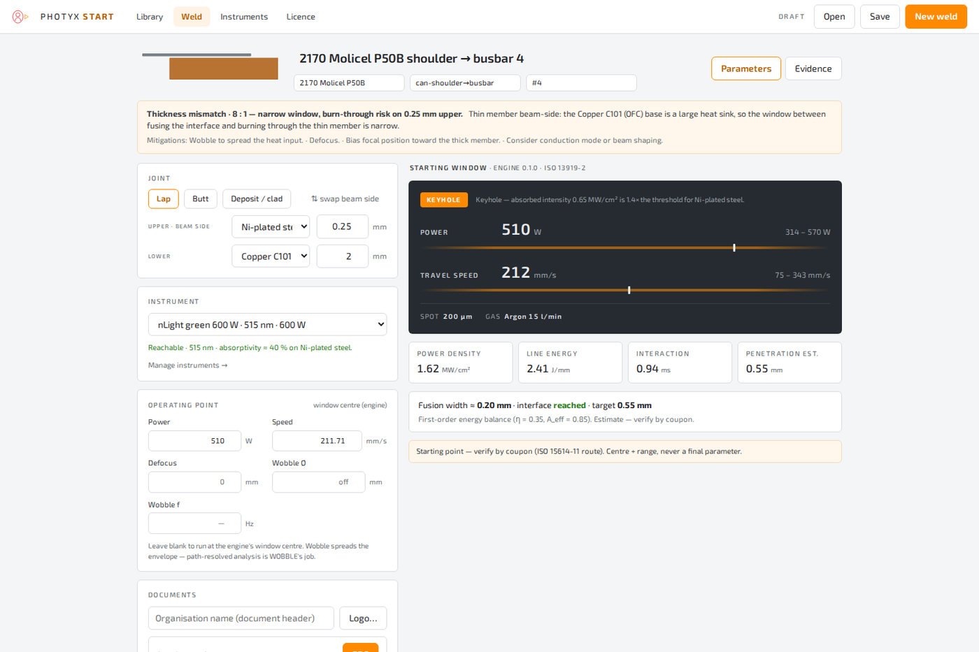 PHOTYX START weld record with starting window